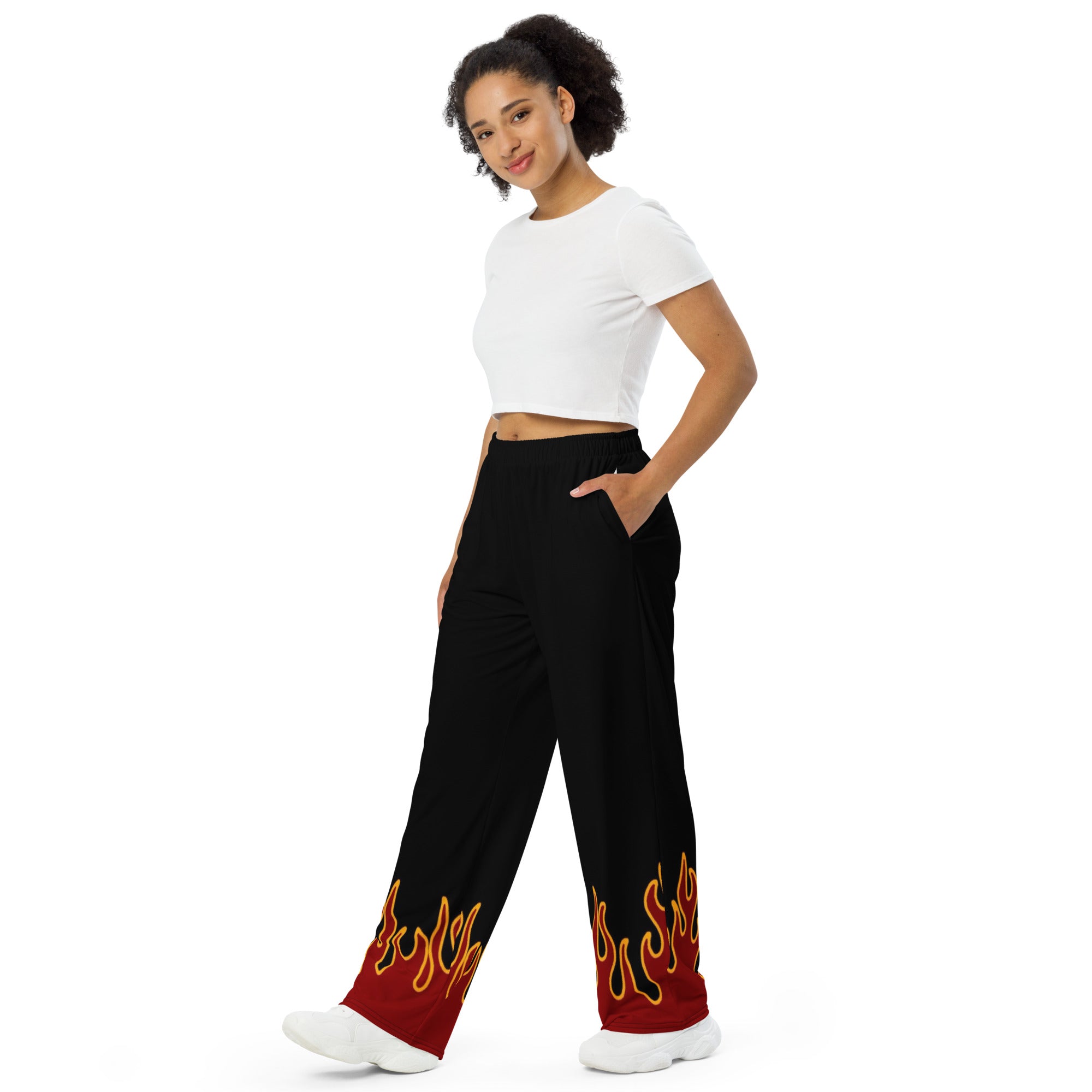 Fire Print All-Over Print Unisex Wide-Leg Pants – Bold Flame Graphic Streetwear Trousers for Men & Women