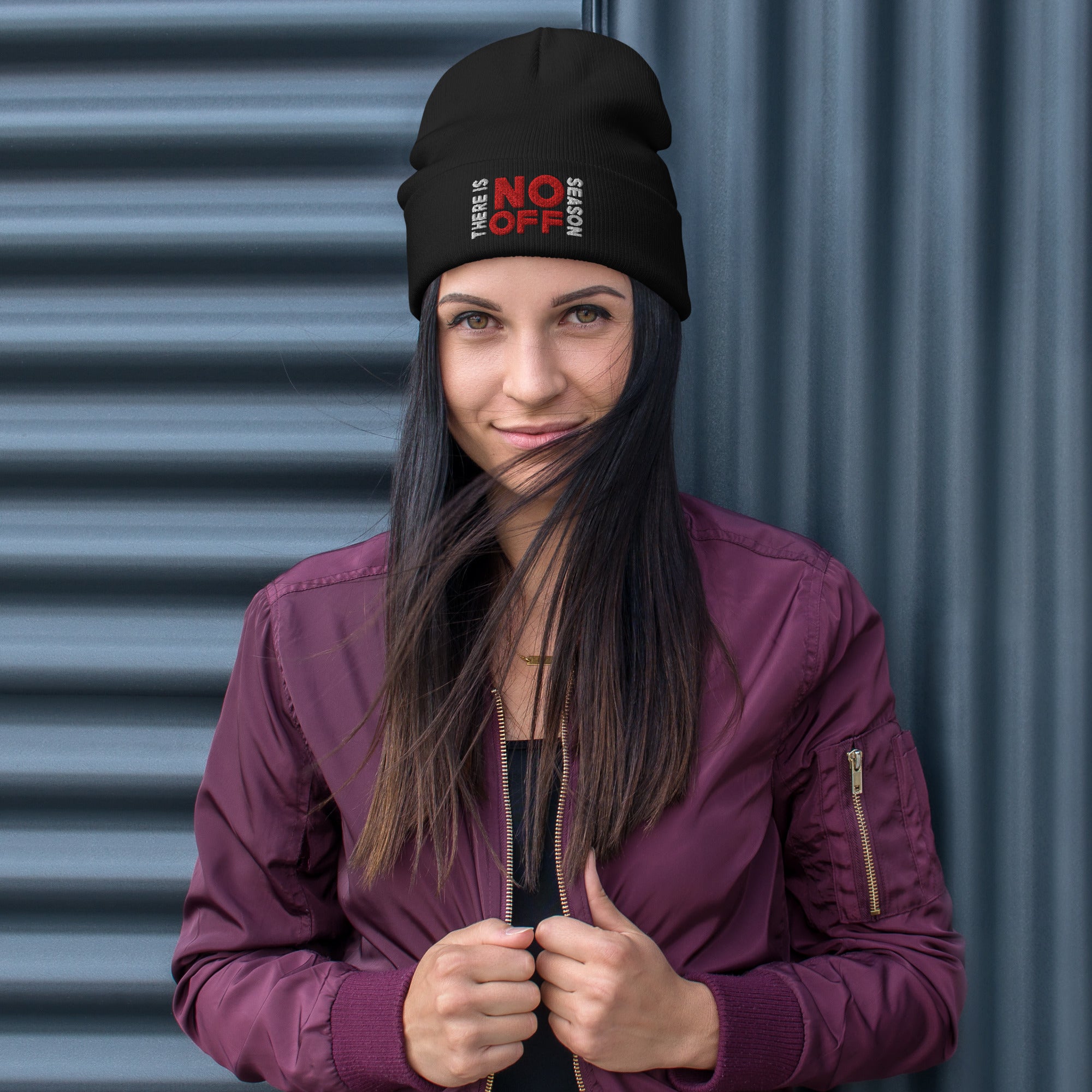 There Is No Off Season Embroidered Beanie – Motivational Winter Hat for Athletes & Fitness Lovers
