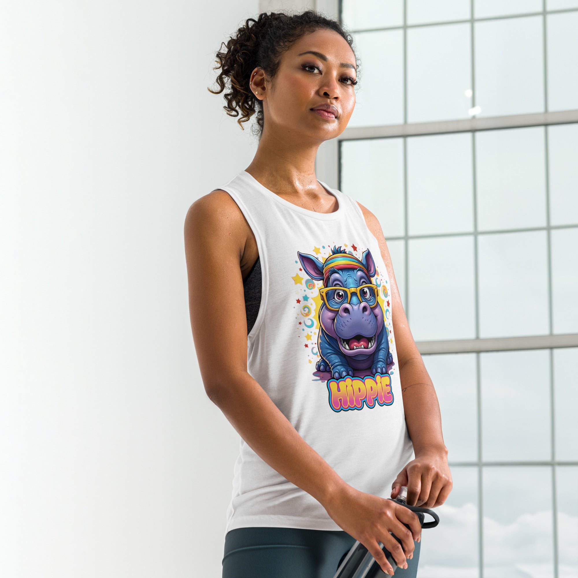 Funky Hippie Hippo Ladies’ Muscle Tank – Cute Boho Graphic Workout Top for Women